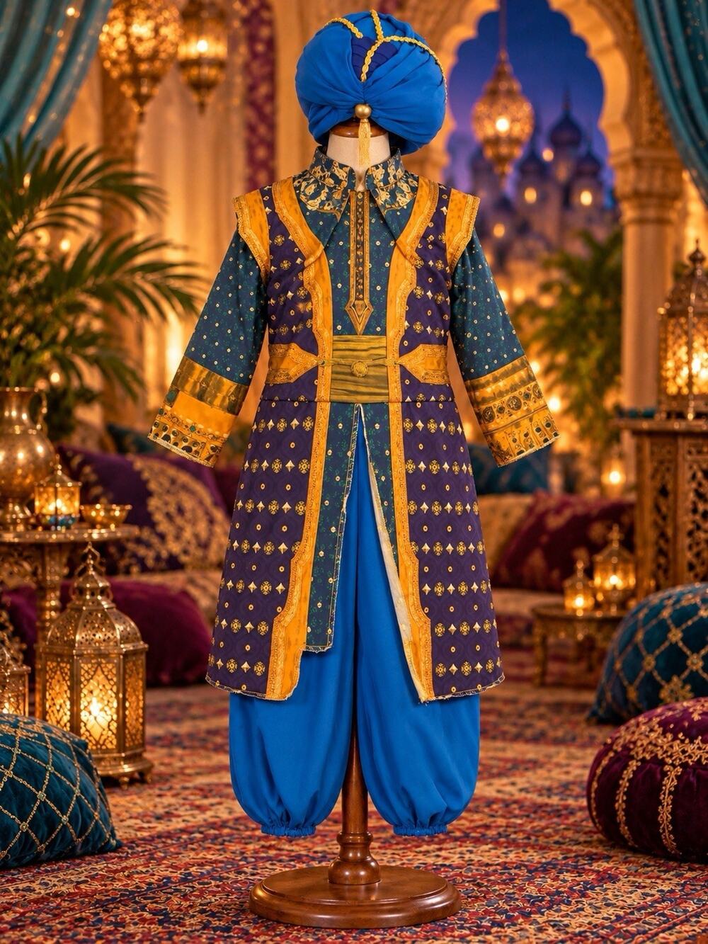 Disney Genie Aladdin Boys Costume Blue Jumpsuit and Headpiece XS
